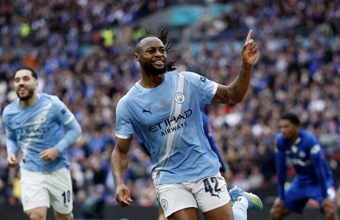 Antoine Semenyo mừng bàn mở tỷ số cho Man City trong trận chung kết Cup FA gặp Chelsea trên sân Wembley, London, Anh ngày 16/5/2026. Ảnh: Reuters