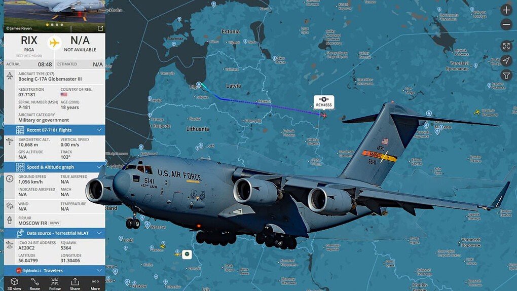Dữ liệu bay của vận tải cơ Boeing C-17 Globemaster. Ảnh: Flightradar24/Moscow Times