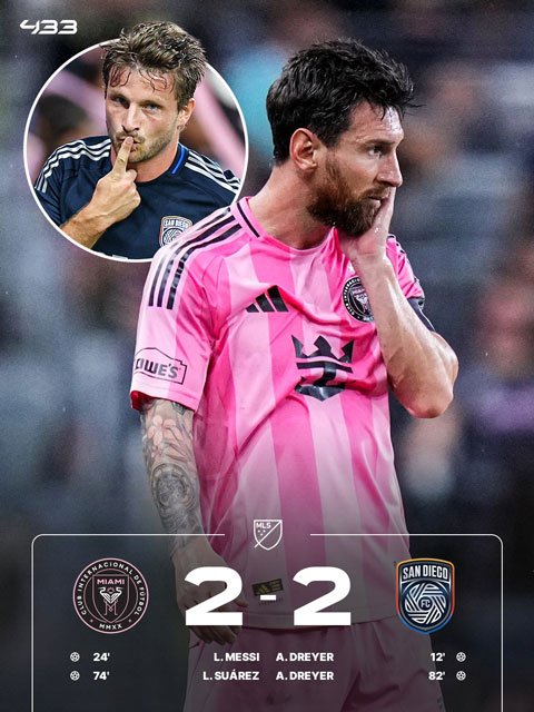 Messi ghi bàn nhưng Inter Miami chỉ có được 1 điểm - Ảnh: 433