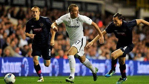 Kane (ở giữa, ảnh chụp trong trận gặp Hearts năm 2011) gia nhập Tottenham khi mới 11 tuổi và ký hợp đồng chuyên nghiệp vào ngày sinh nhật thứ 16 của mình năm 2009